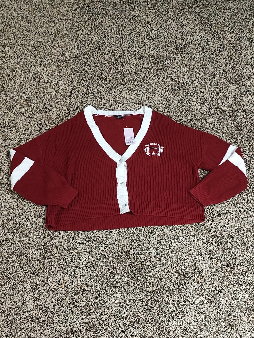 Wild Fable | Cropped Oversized Red V-Neck Button Sweater with White Trim
